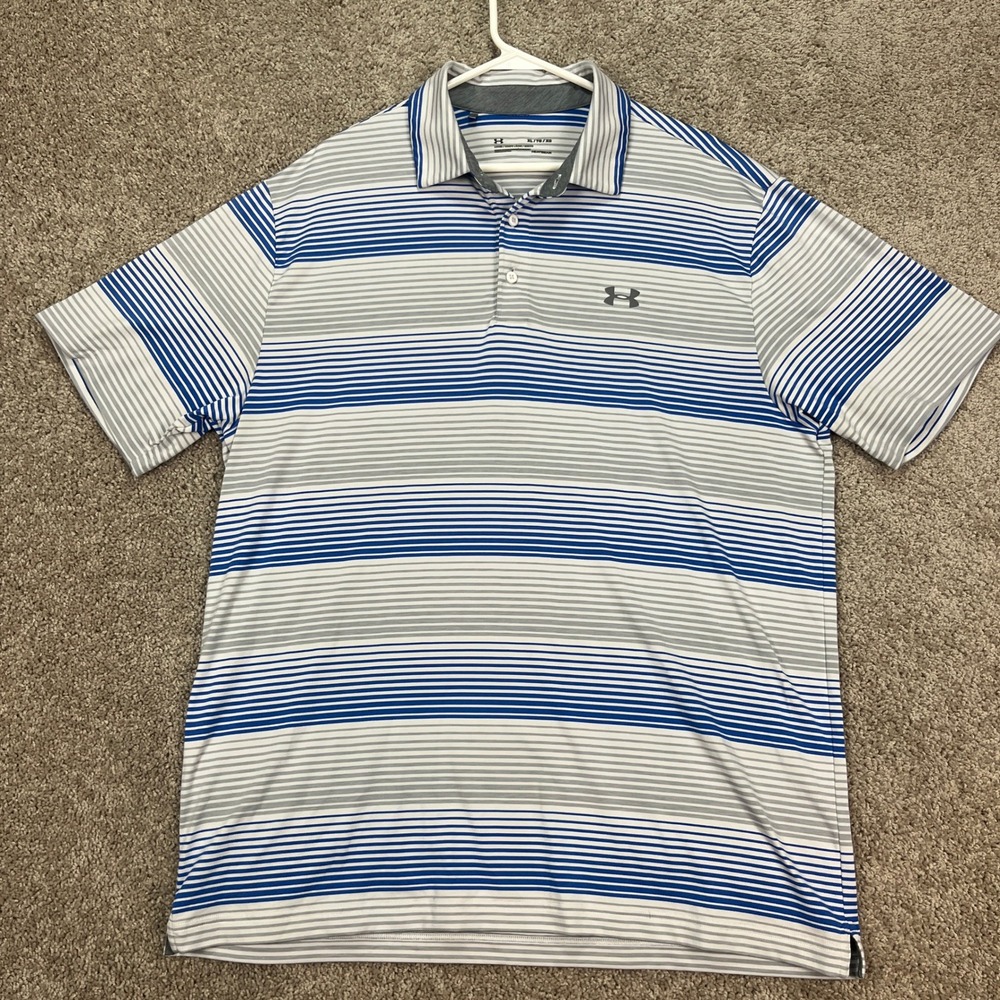 Under Armour Men XL Golf Polo Shirt Blue Gray White Stripe Heatgear Short Sleeve